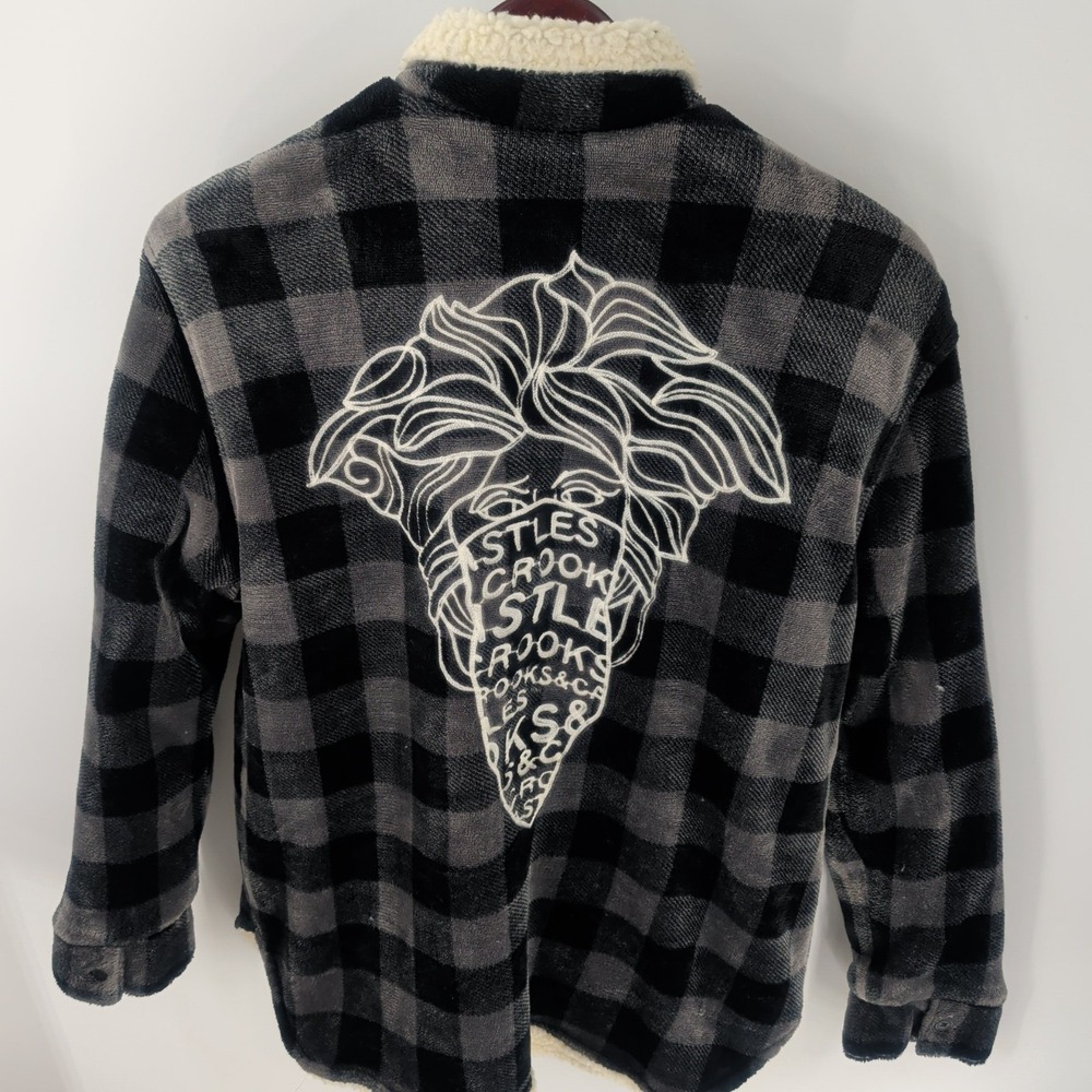 Crooks & Castles Fleece Outdoor Plaid Button Front Shirt Jacket Black Gray‎ S